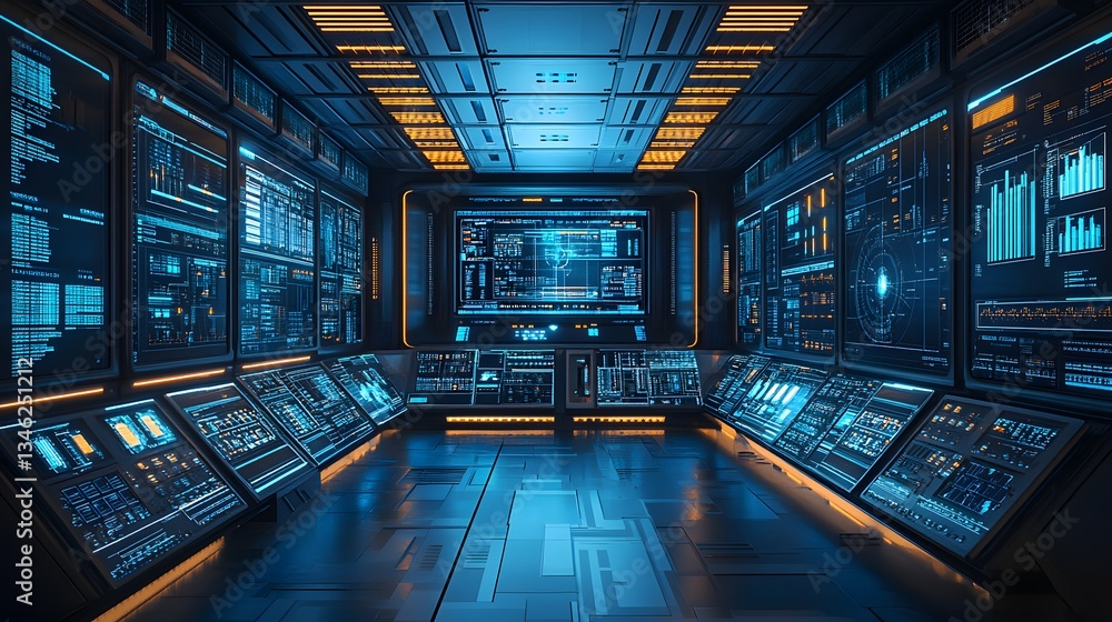 Poster image of a futuristic control room filled with screens displaying data. sci-fi concept. oil producti