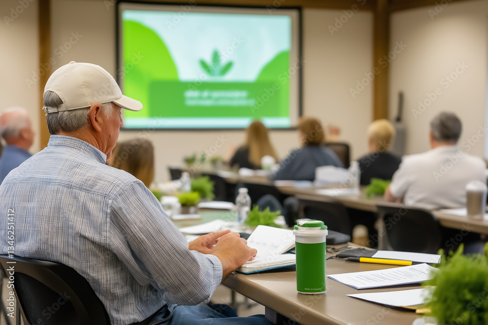 Aufkleber man in baseball cap attentively listens as presentation on sustainable business practices unfolds in