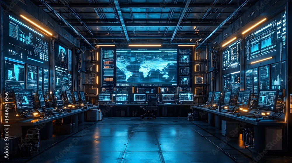 Poster image of a futuristic control room filled with monitors displaying global data. high-tech and advanc