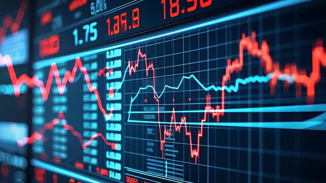 Close-Up of Financial Trading Data with Red and Blue Stock Market Graphs on Digital Display

