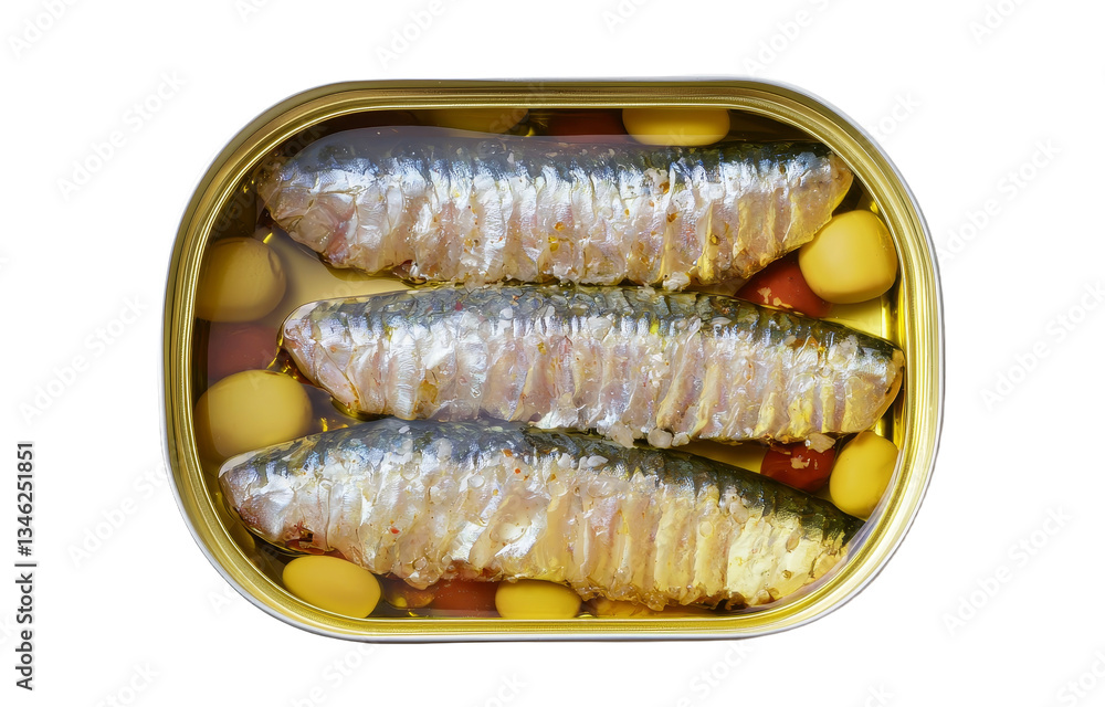 Aufkleber an open can of sardines packed in olive oil stands isolated on a white background