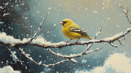 Fototapeta premium American Gold Finch Perched on Snowy Tree Branch in Winter Wilderness