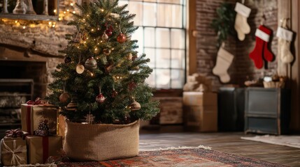 Rustic Christmas tree in burlap sack, presents, fireplace, stockings.