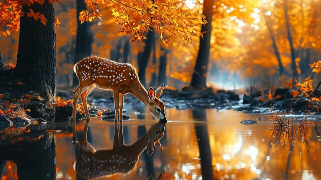 Delicate deer drinks from a serene pond in a vibrant autumn forest, reflecting nature's beauty