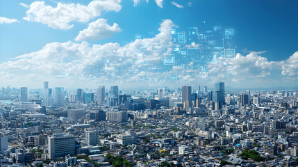 Aerial View Of Modern Cityscape With Digital Overlay