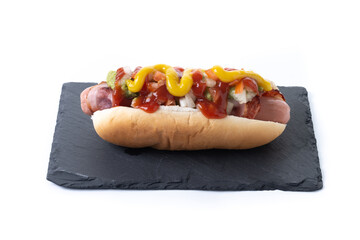 Sonoran hot dog. Traditional Mexican hot dog isolated on white background