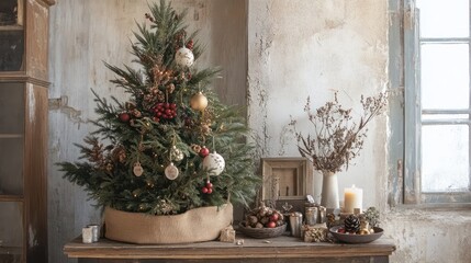 Rustic Christmas tree on old wooden table near window.