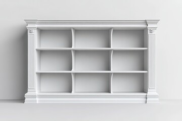 Elegant White Bookcase with Classical Design, Empty Shelves, 3D Render