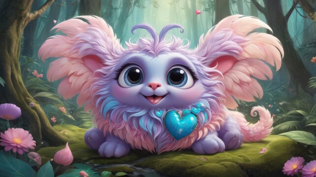 A cute, brightly-colored fantasy creature sits in a mystical forest. Surrounded by magical glowing plants and serene forest ambiance, this enchanting image conveys fantasy, joy, and whimsy.