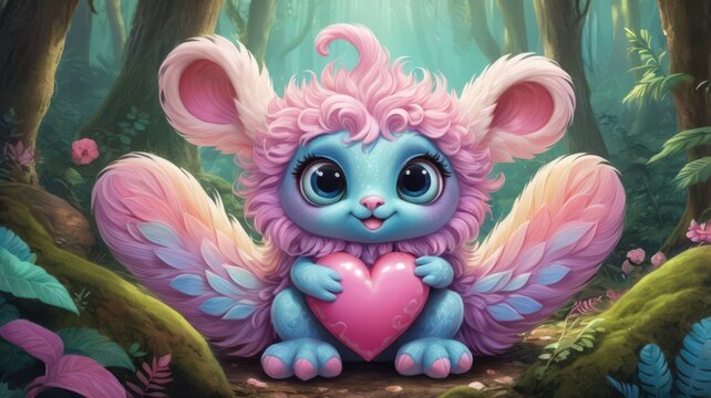 A cute, brightly-colored fantasy creature sits in a mystical forest. Surrounded by magical glowing plants and serene forest ambiance, this enchanting image conveys fantasy, joy, and whimsy.