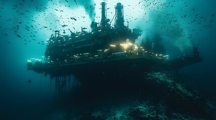 An underwater photograph of an oil rig submerged beneath the ocean's surface, surrounded by fish. Oil Production Process Theme Background An Underwater Oil Rig extraction