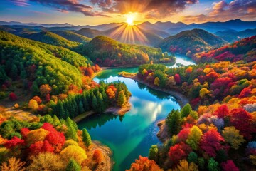 Naklejka premium Autumn Landscape with River at Sunrise