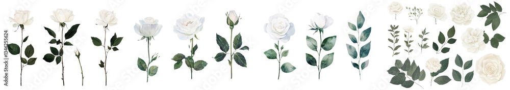 Poster the illustration features a white rose with its leaves, rendered in watercolor and presented as a bo