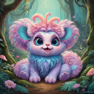 A cute, brightly-colored fantasy creature sits in a mystical forest. Surrounded by magical glowing plants and serene forest ambiance, this enchanting image conveys fantasy, joy, and whimsy.
