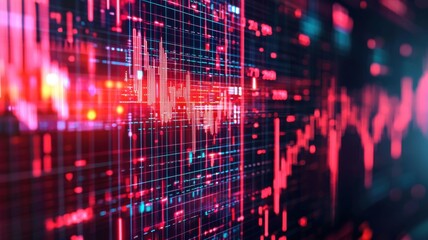 A vibrant digital visualization showcasing a network of data with a focus on sound waves and peak values in red and blue tones.