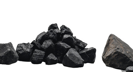 Obraz premium Isolated black coal chunks are piled on a white background in a side view
