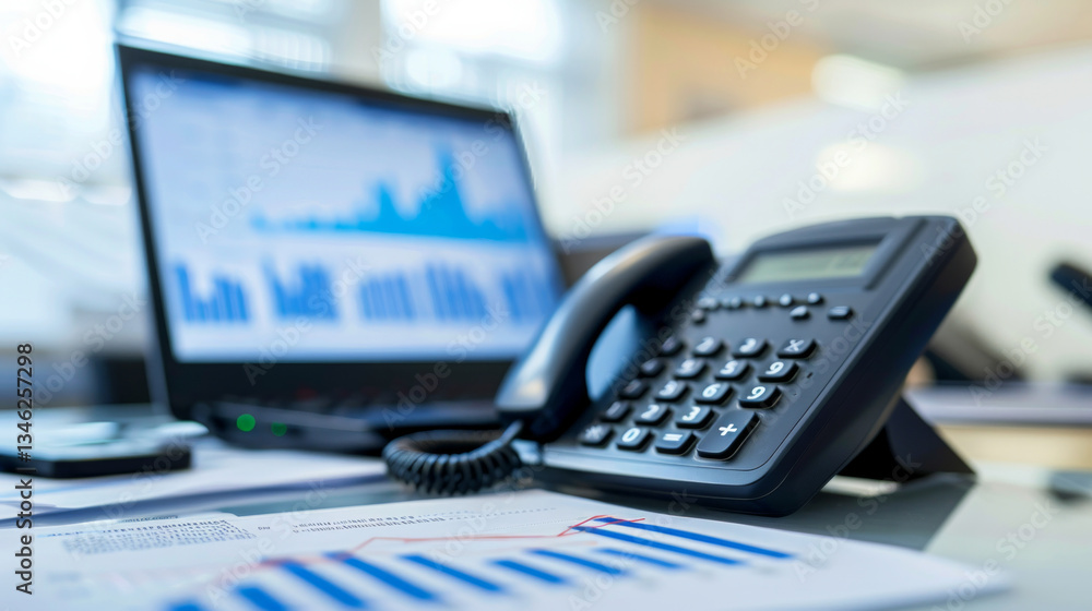 Aufkleber a business professional is engaged in a phone call while seated at a desk with a laptop and document