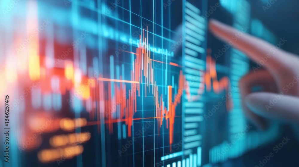 Poster a close-up of a digital stock market graph, showcasing fluctuating data with vibrant lines and a fin
