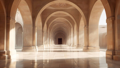 Obraz premium Architectural Corridor With Graceful Arched Doorways And Sunlight