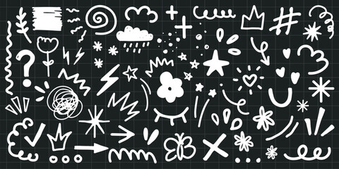Chalk doodles on blackboard. Fun chalk drawings with stars, arrows, hearts, and clouds. Playful chalk art with shapes and lines. Creative chalkboard doodles. Black hand drawn elements, vector set.