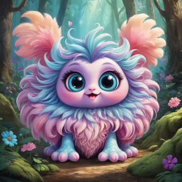 A cute, brightly-colored fantasy creature sits in a mystical forest. Surrounded by magical glowing plants and serene forest ambiance, this enchanting image conveys fantasy, joy, and whimsy.