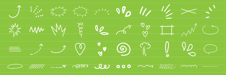 Green background with white doodles. Doodles include arrows, hearts, spirals, and squiggles. Playful doodles on a green backdrop. Whimsical doodles and symbols. White doodle elements, vector set.