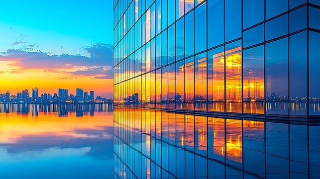 Sunset cityscape reflected in modern building