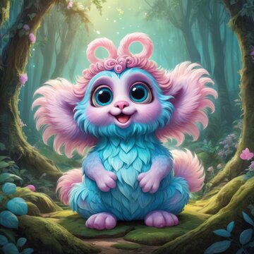 A cute, brightly-colored fantasy creature sits in a mystical forest. Surrounded by magical glowing plants and serene forest ambiance, this enchanting image conveys fantasy, joy, and whimsy.