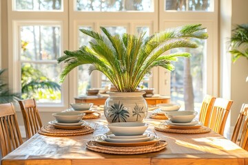 A sunlit dining area with a beautifully placed sago palm in a ceramic planter