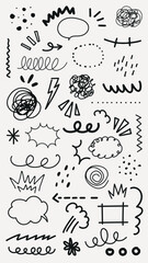 Collection of hand-drawn doodles, featuring swirls, zigzags, and speech bubbles. Doodles include lines, shapes, and abstract forms. Playful doodles in black and white. Black hand drawn, vector set.