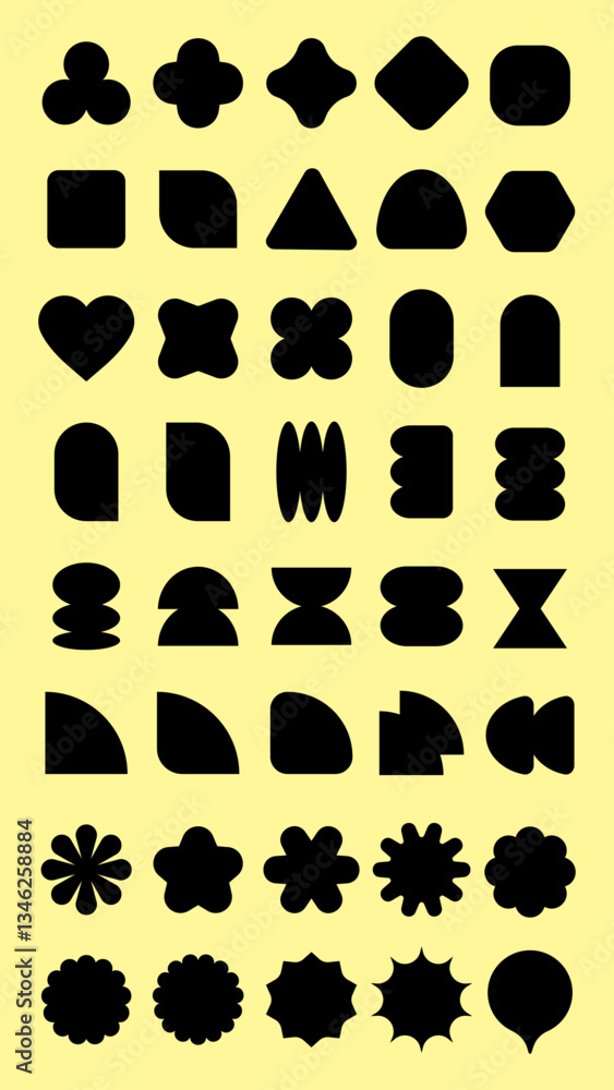 Poster a collection of black geometric shapes on a yellow background. various shapes include circles, squar