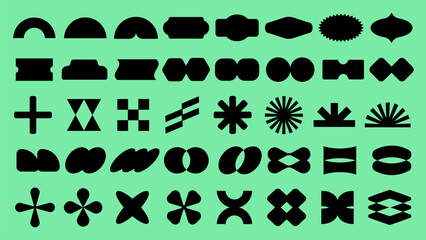 Fototapeta premium Vectors. Abstract black shapes on a green background. Geometric forms, abstract patterns, and unique designs. Shapes include circles, stars, and crosses in abstract style. Black shapes, vector set.