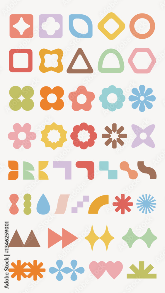 Poster colorful geometric shapes in various forms like circles, squares, and triangles. shapes include flow