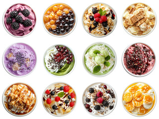 Colorful Array of Delicious Desserts in Bowls Featuring Various Flavors, Toppings, and Textures for Irresistible Treats. Piquant food set.