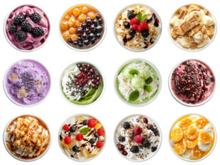 Colorful Array of Delicious Desserts in Bowls Featuring Various Flavors, Toppings, and Textures for Irresistible Treats. Piquant food set.