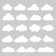 Set of 20 white cloud icons on a gray background. Various cloud shapes in a grid. Cloud icons for weather, design, or decoration. Simple cloud graphics. Weather illustration, vector set.