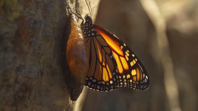 A beautiful monarch butterfly rests beside its chrysalis on a stone