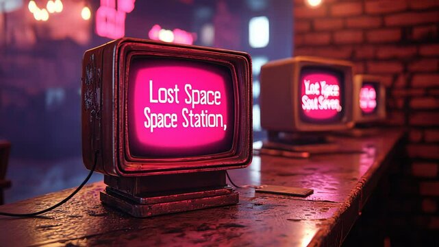 Neon retro screens displaying "lost space" in a vibrant vintage bar setting