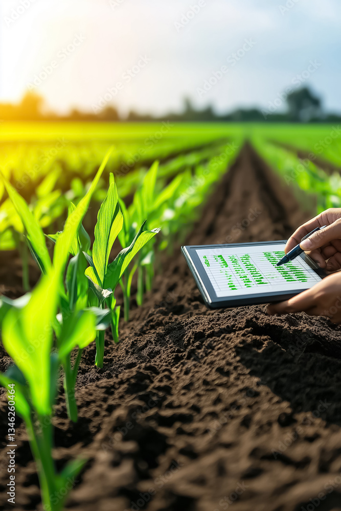 Aufkleber hands hold a tablet displaying crop data while analyzing young plants in green fields under a warm s
