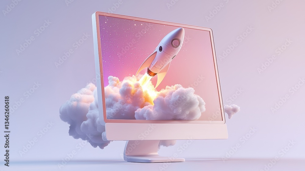 Poster rocket ship launching from a computer monitor into the clouds, symbolizing a successful startup and 