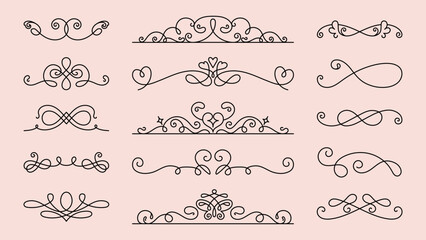 Vector set. Elegant decorative dividers with intricate swirls and heart motifs. Swirls and heart designs add elegance. Perfect for invitations and elegant projects. Hand drawn ornament vector set.