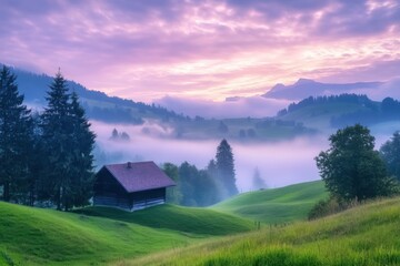 Obraz premium A tranquil dawn unveils misty hills and a rustic cabin in the serene Swiss countryside