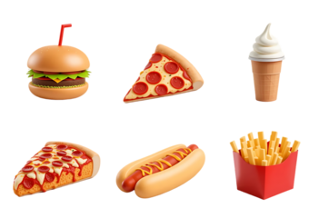 3D fast food icons including hamburger, pizza, hot dog, and fries isolated on white background – perfect for food and design themes