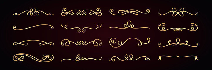 Elegant gold dividers on black. Swirls, curls, and lines. Decorative gold dividers, perfect for design. Swirls and curls add elegance. Gold on black elegance. Hand drawn ornament vector set.