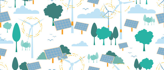 Ecology and Eco Green Energy Concept Vector Seamless Pattern Sustainable Eco Friendly and Alternative Clean Energy and Healthy Lifestyle Concept Repeatable Flat Texture Banner Isolated Design Element