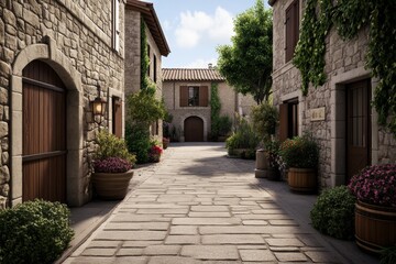 Naklejka premium A 3D-rendered Avignon medieval street, with realistic textures of stone houses, rustic wooden doors, and colorful flower pots