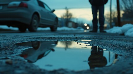 Puddle Reflects Car Silhouette Person and Road Scene Outdoors