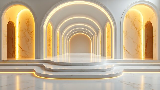 Elegant Marble Hallway with Golden Archways and Warm Lighting Ideal for Luxury Background - Powered by Adobe