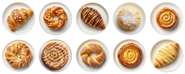 Assorted Fresh Baked Pastries Displayed on Plates with Nutty, Sweet, and Creamy Toppings Perfect for Breakfast or Dessert Lovers. Piquant food set.