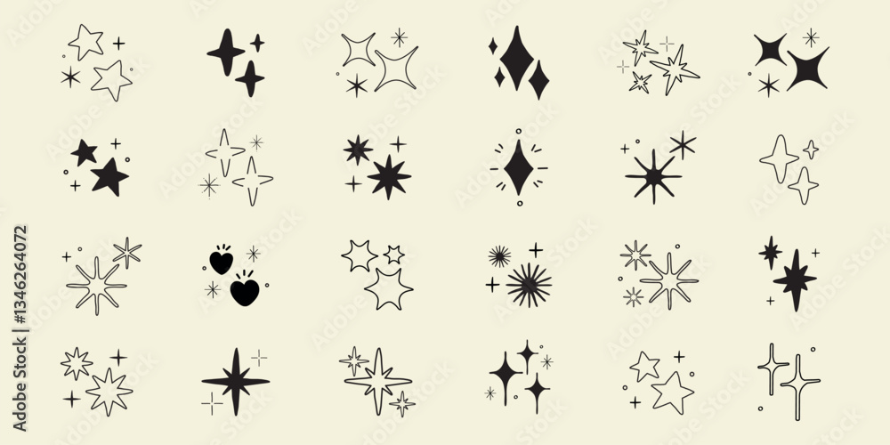 Poster collection of black star and sparkle icons. stars and sparkles in various shapes. star icons and spa
